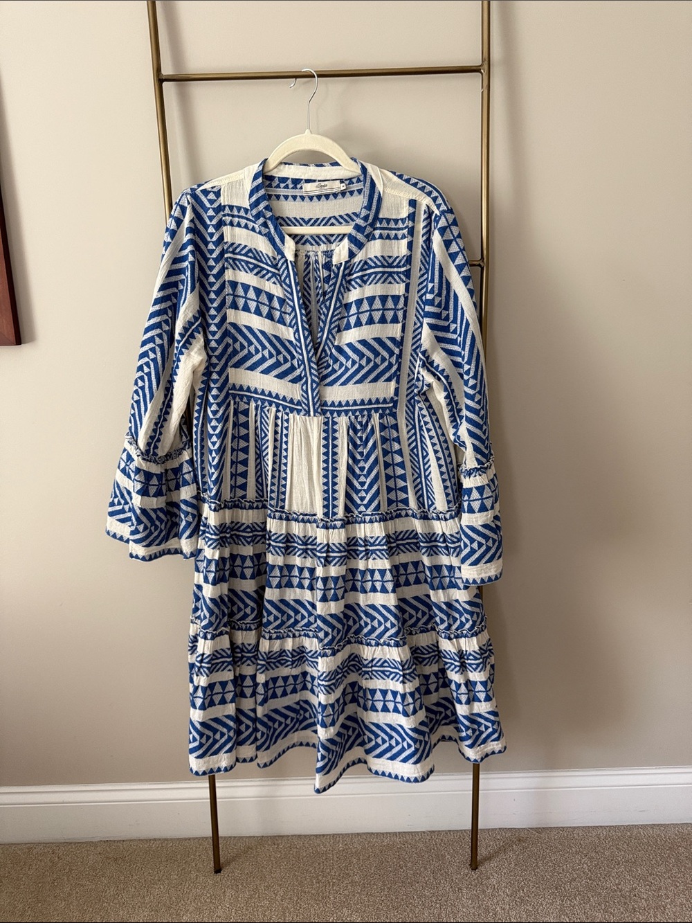 Devotion TWINS White and Blue Geometric Tiered Mini Dress